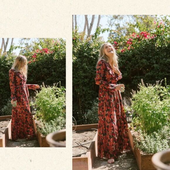 Dôen Assam Maxi Dress Button Up Long Sleeve Tropical Floral Red Pink Black Small - Picture 3 of 13